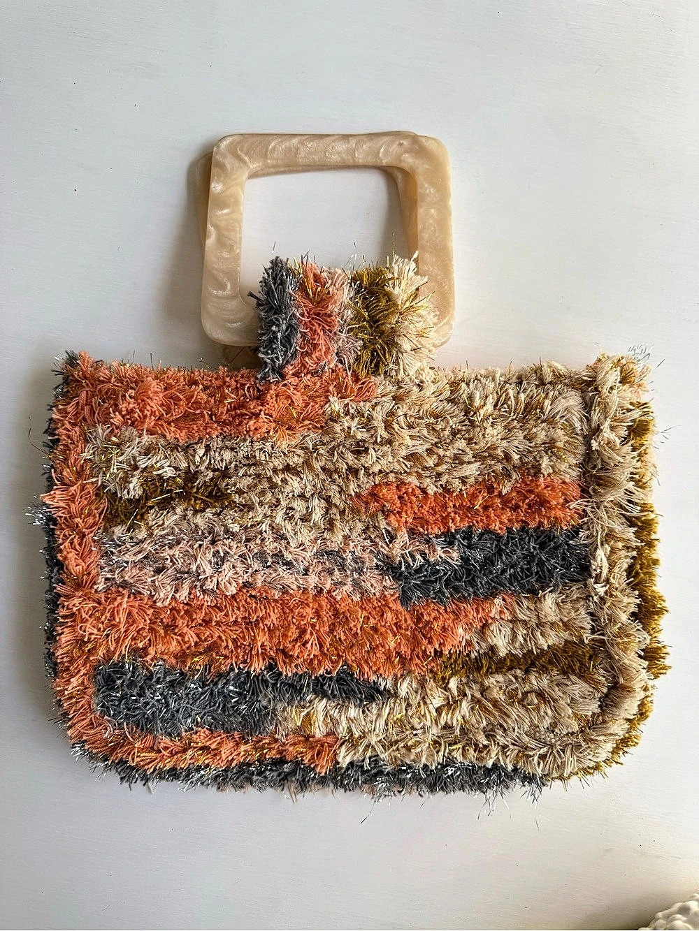 Cleobella Vintage Multicolor Shag Carpet Woven Top Handle Bag | 12” | Boho
